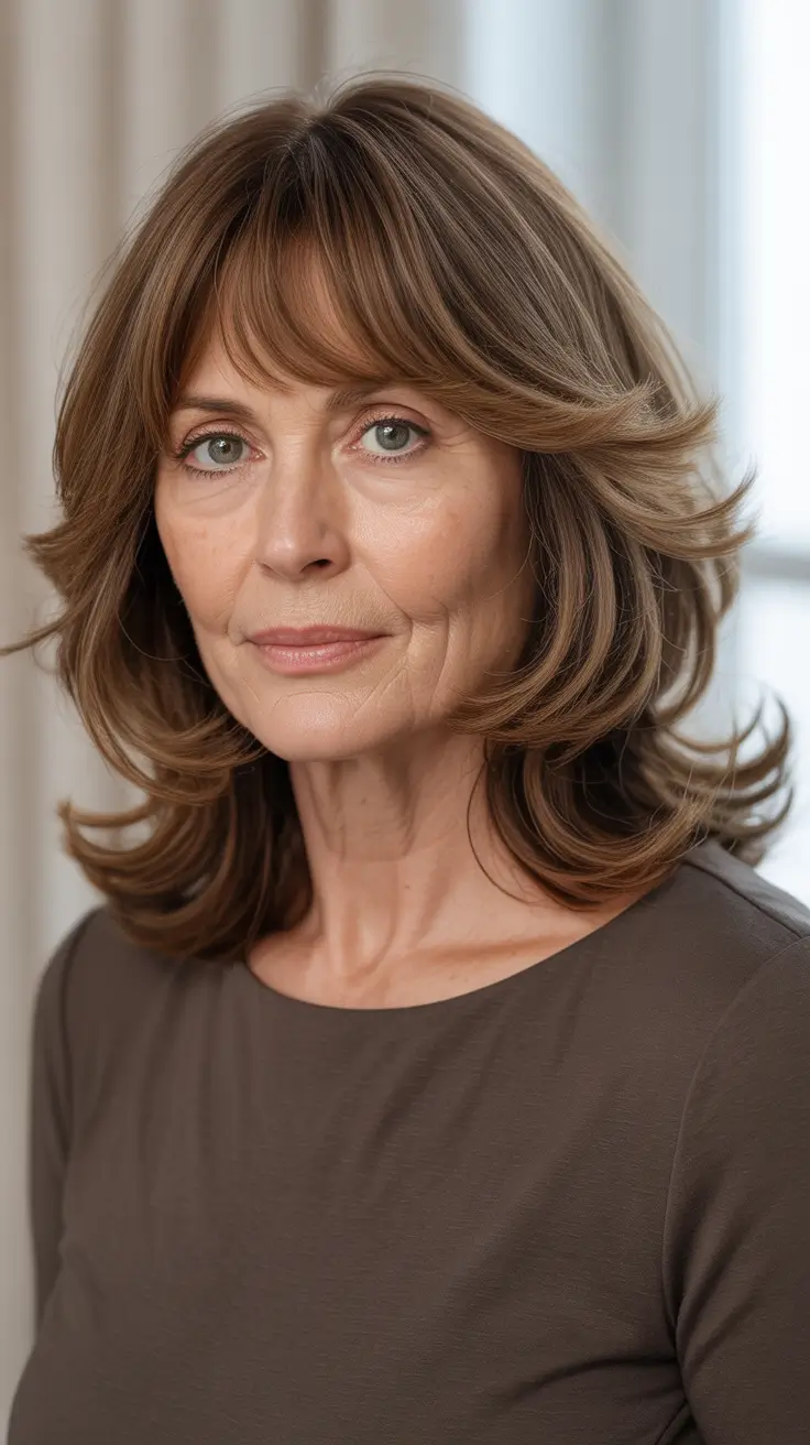 Best haircuts for women over 60 2026 - Layered Shoulder Shag With Soft Fringe