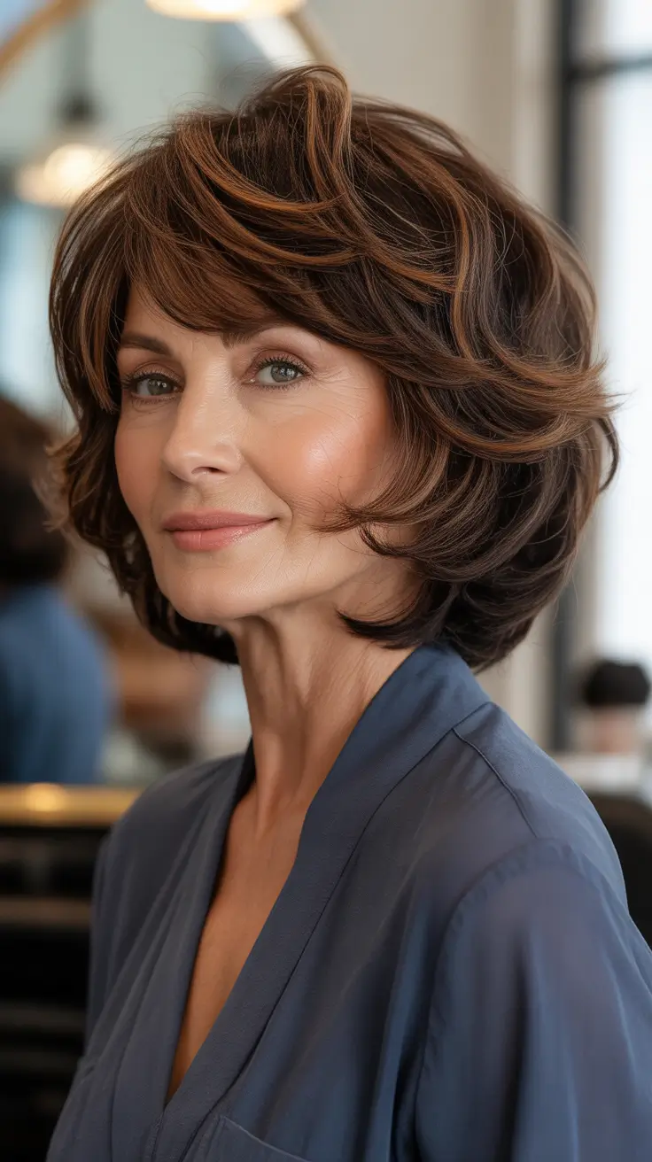 Best haircuts for women over 60 2026 - Modern Bixie With Chocolate Layers