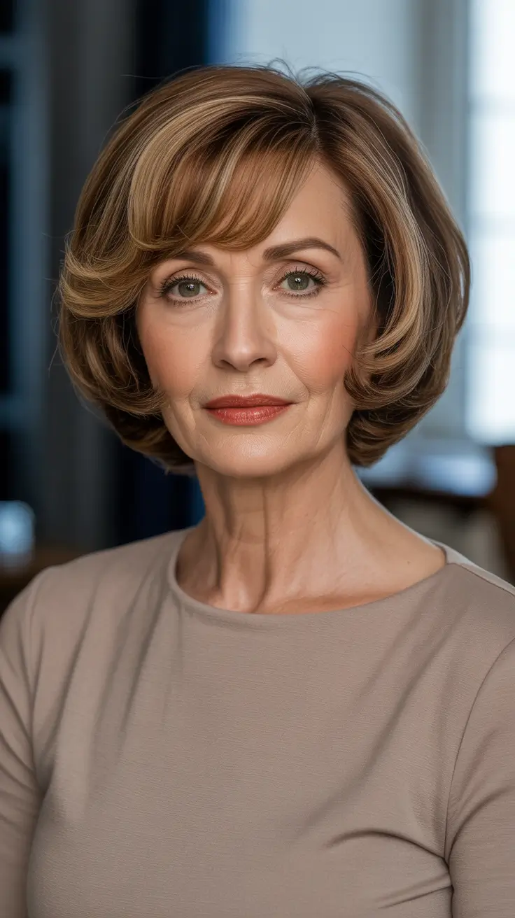 Best haircuts for women over 60 2026 Soft Layered Bob With Side Swept Bangs