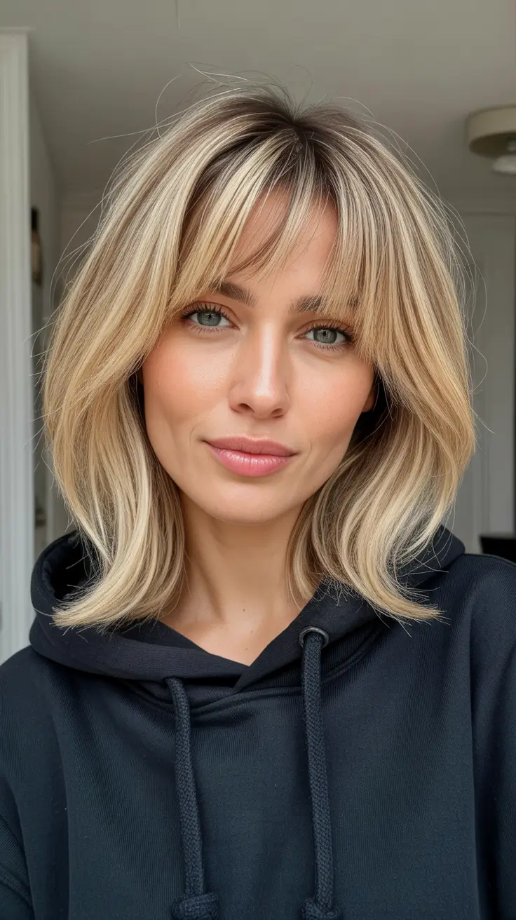 Best Haircuts With Bangs 2026 Soft Blonde Lob With Airy Curtain Bangs