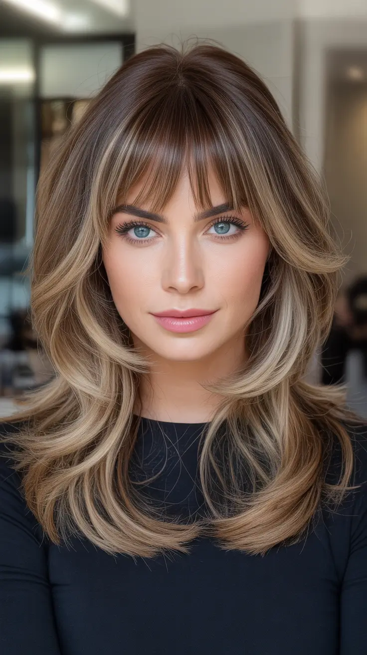 Best haircuts with bangs 2026 Long Layered Blowout With Face Framing Bangs
