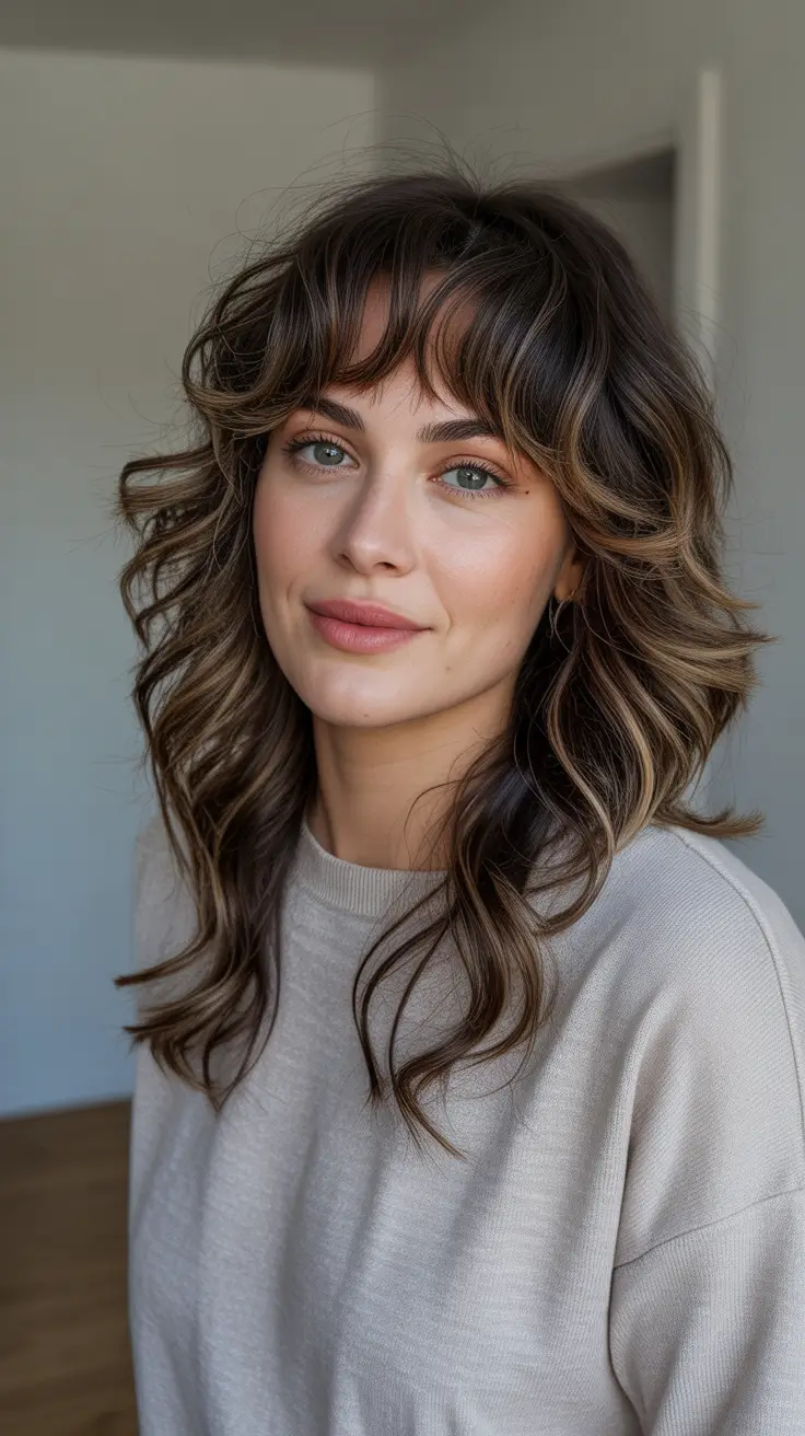 Best Haircuts With Bangs 2026 Layered Brunette Shag With Soft Curtain Bangs