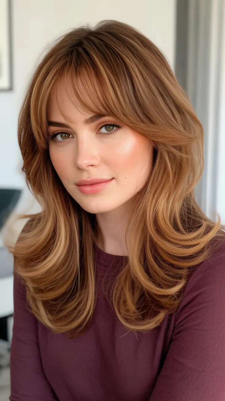 Best Haircuts With Bangs 2026 Golden Caramel Blowout With Long Curtain Fringe