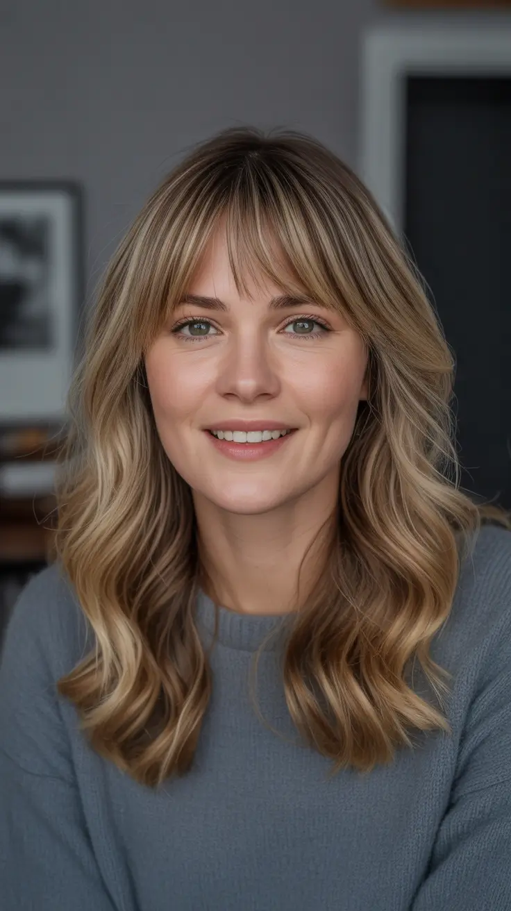Best Haircuts With Bangs 2026 Soft Mid Length Waves With Everyday Curtain Bangs