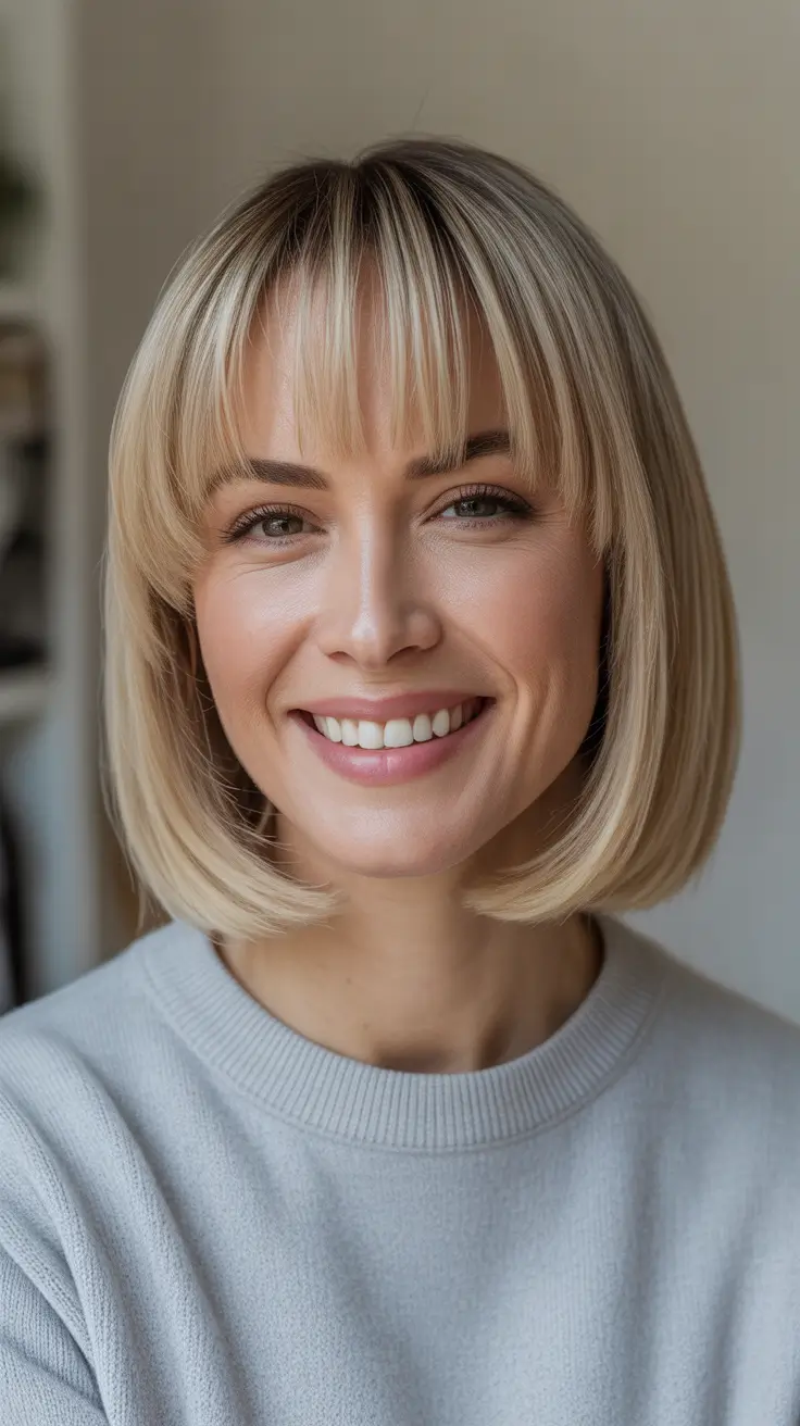 Best Haircuts With Bangs 2026 Classic Blonde Bob With Polished Full Bangs