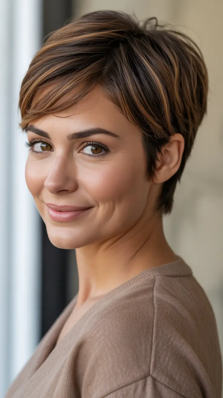 Best haircuts with bangs 2026 Soft Highlighted Pixie With Side Swept Fringe
