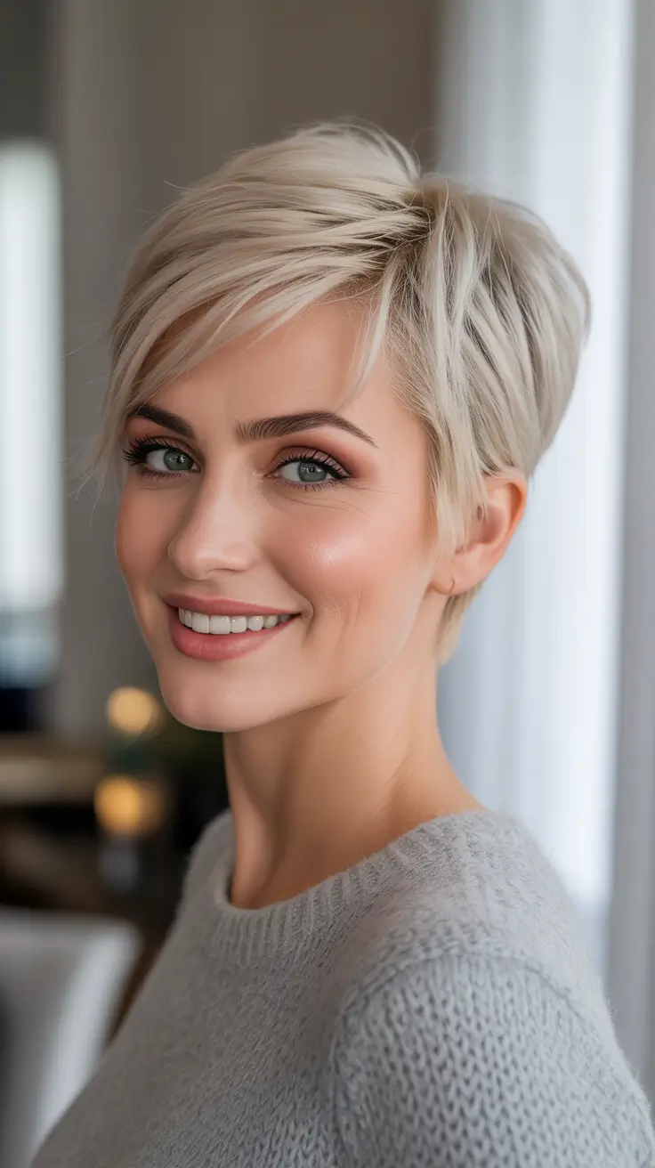 Best haircuts with bangs 2026 Icy Textured Pixie With Long Fringe
