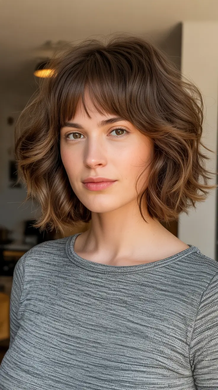 Best haircuts with bangs 2026 Tousled Wavy Bob With Soft Fringe