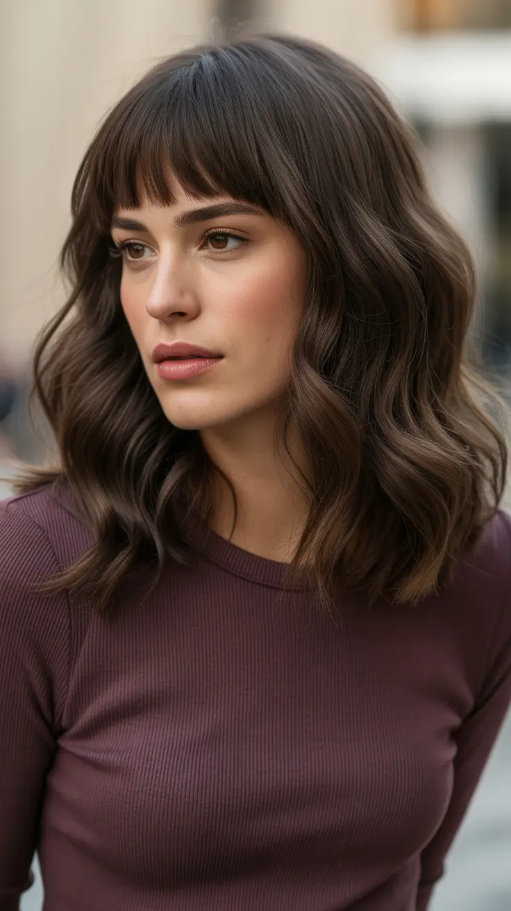 Best Haircuts With Bangs 2026 Chocolate Wavy Lob With Soft Full Fringe