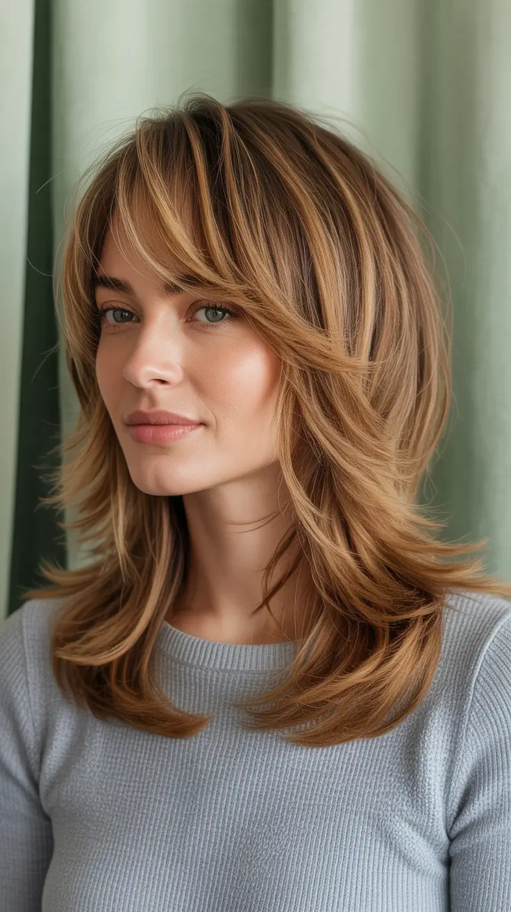 Best haircuts with bangs 2026 Layered Caramel Shag With Swept Bangs