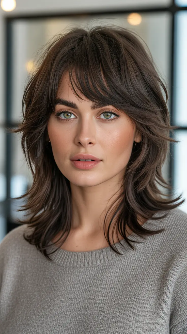 Best haircuts with bangs 2026 Modern Mid Length Shag With Piecey Fringe