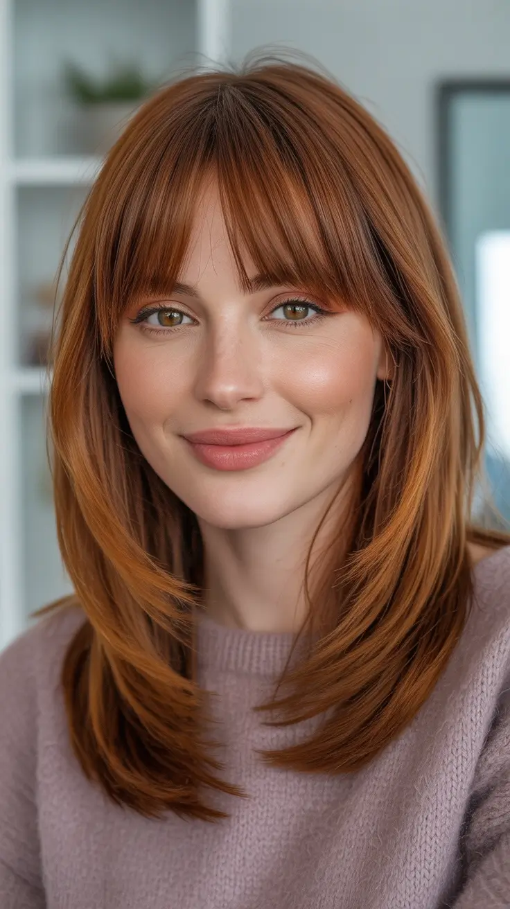 Best Haircuts With Bangs 2026 Copper Mid Length Cut With Sleek Full Bangs