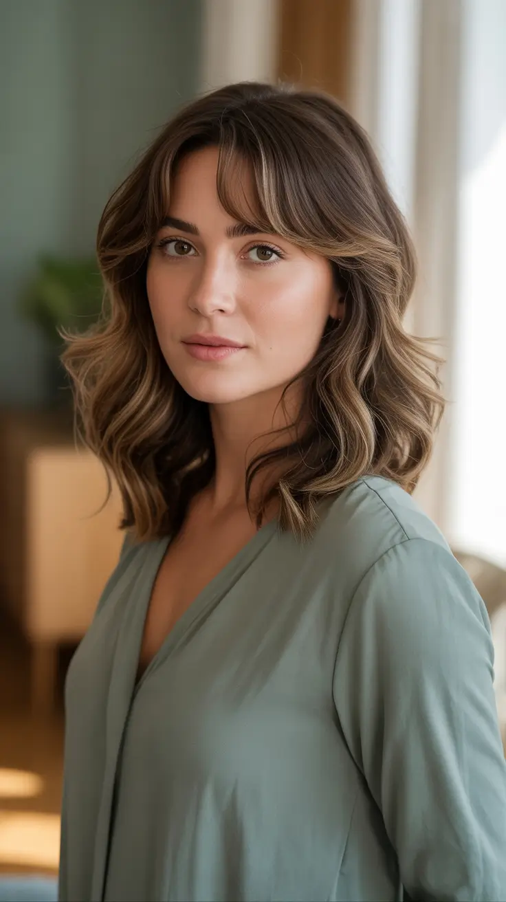 Best haircuts with bangs 2026 Soft Wavy Lob With Curtain Bangs