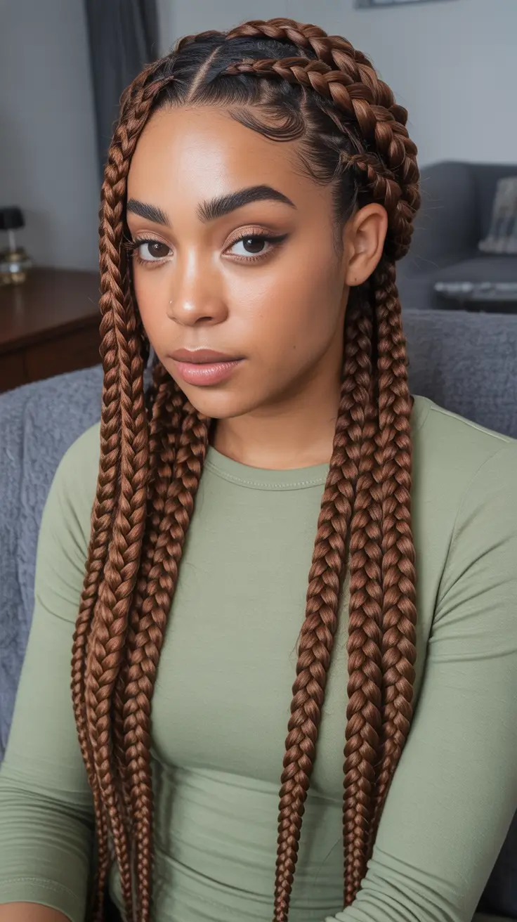 Trendy hairstyles for black women 2026 - Chest Length Cocoa Braids With Crown Detail