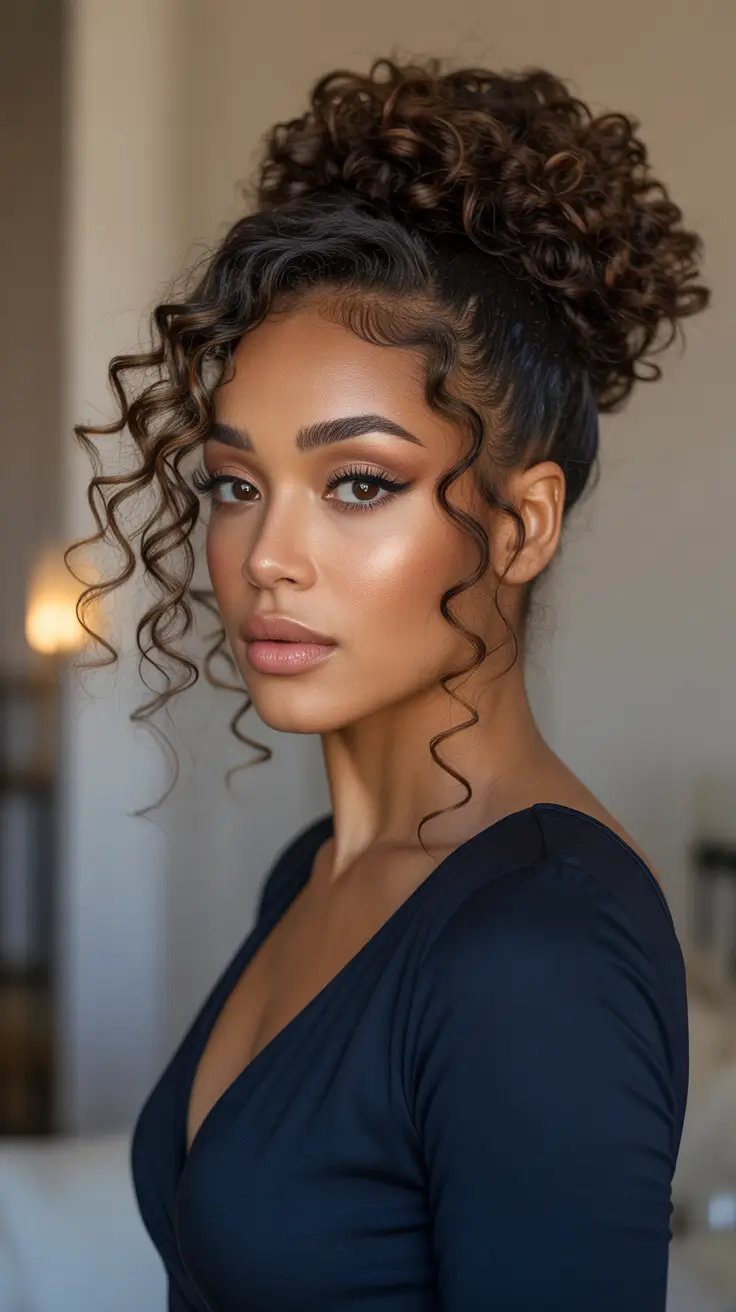 Trendy hairstyles for black women 2026 - Curly High Puff With Face Framing Tendrils