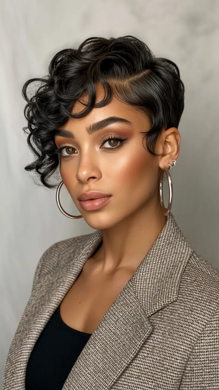 Trendy hairstyles for black women 2026 Soft Curly Pixie With Side Sweep