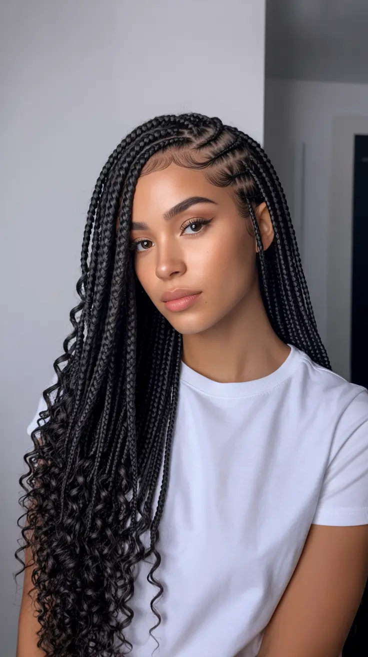 Trendy hairstyles for black women 2026 - Side Swept Box Braids With Curly Ends
