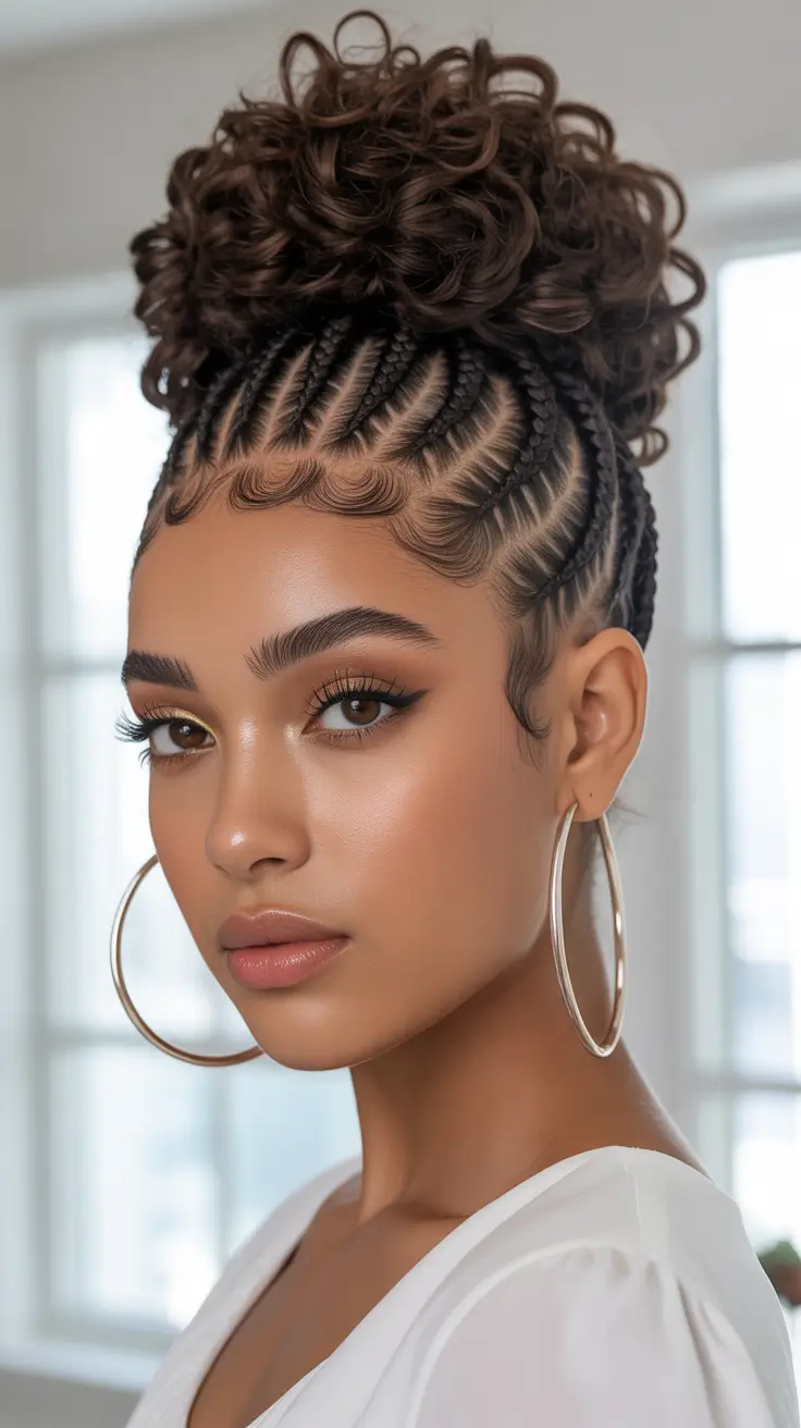Trendy hairstyles for black women 2026 Curly Braided Top Knot Updo
