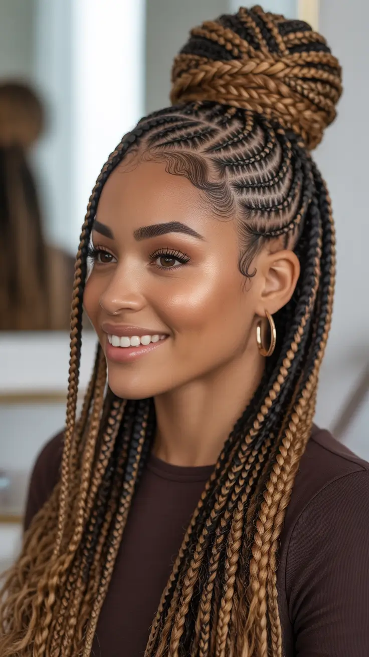 Trendy hairstyles for black women 2026 - High Braided Bun With Cascading Length