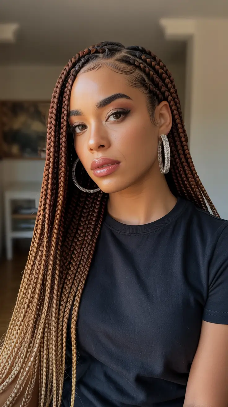 Trendy hairstyles for black women 2026 Extra Long Box Braids With Soft Ombre