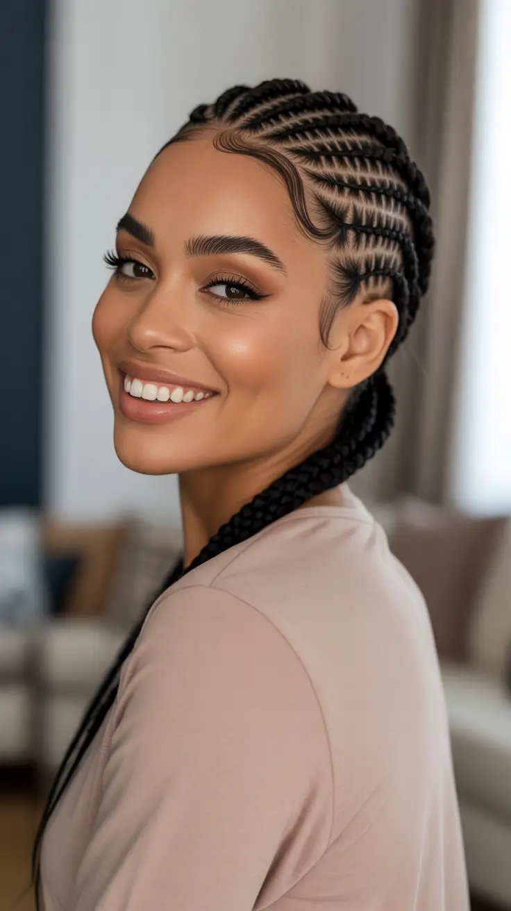 Trendy hairstyles for black women 2026 Sleek Cornrow Ponytail With Scalp Design