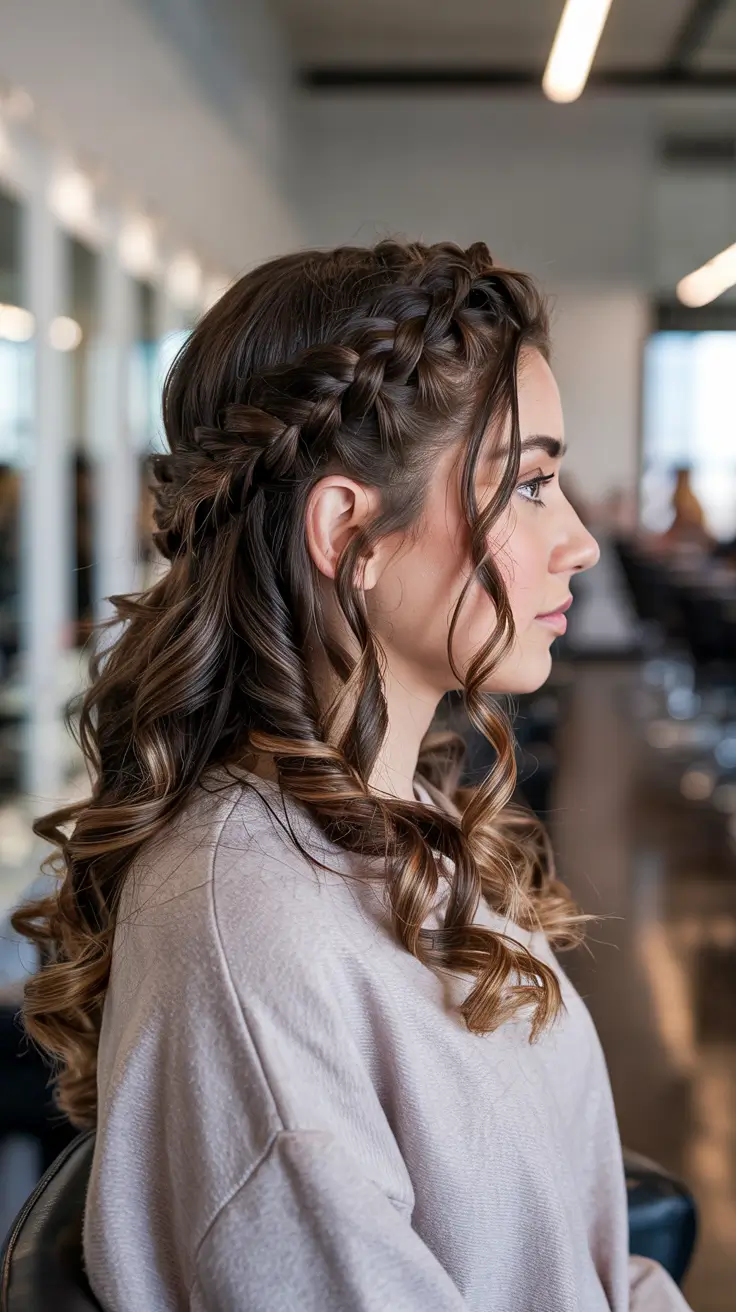 Trendy hairstyle ideas 2026 - Cascading Crown Braid With Curls