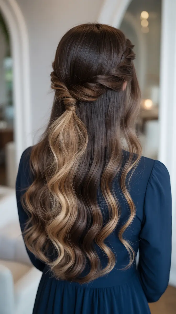 Trendy hairstyle ideas 2026 - Twisted Half Up Waves With Caramel Accent