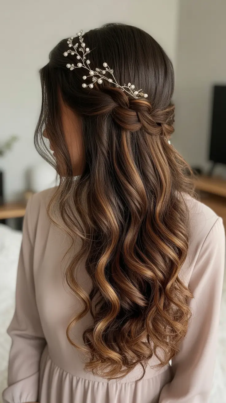 Trendy hairstyle ideas 2026 - Romantic Waves With Pearl Headpiece