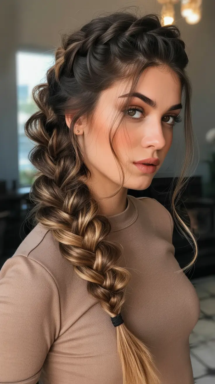 Trendy hairstyle ideas 2026 - Textured Crown Braid Into Chunky Side Plait
