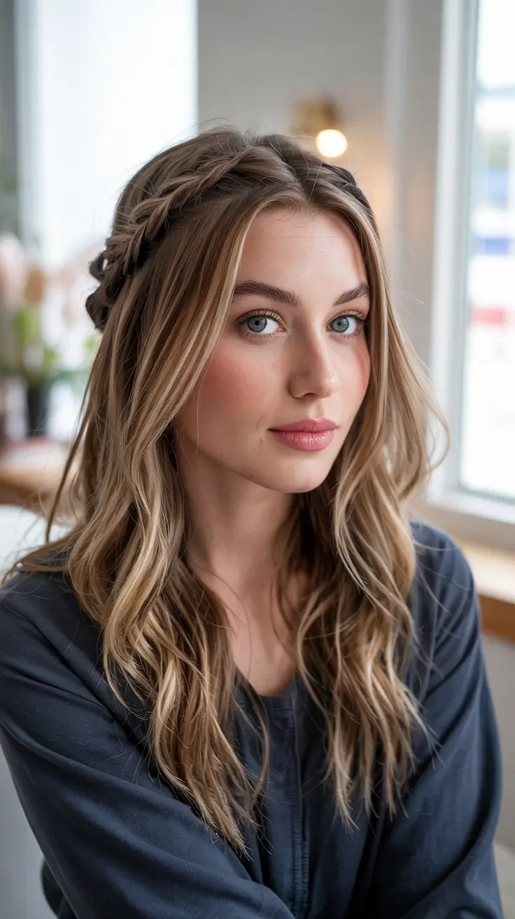 Trendy hairstyle ideas 2026 - Boho Braid Crown With Soft Medium Waves