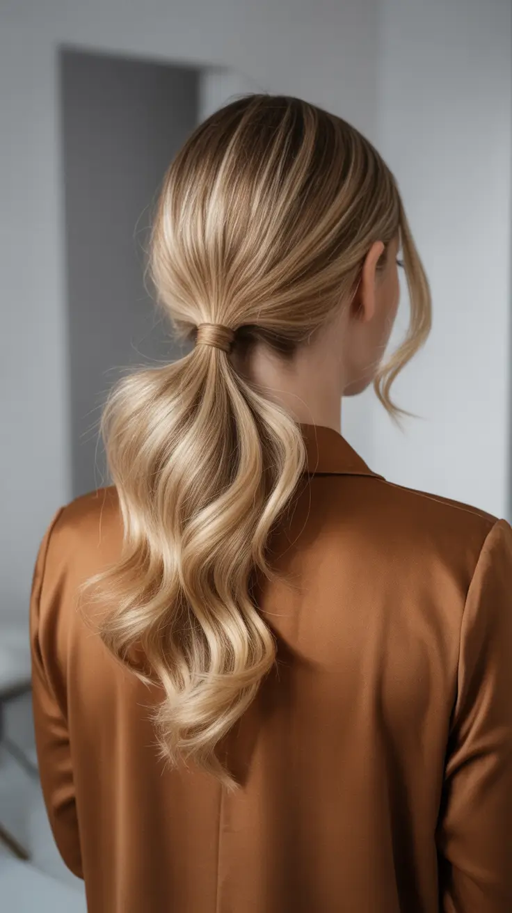 Trendy hairstyle ideas 2026 - Low Wrapped Ponytail With Soft Business Waves