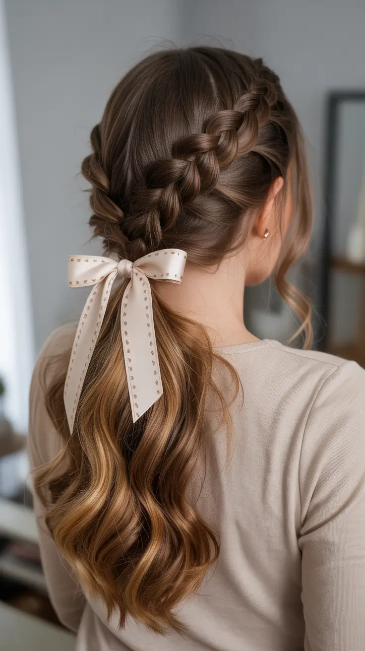 Trendy hairstyle ideas 2026 - Braided Low Ponytail With Ribbon Bow
