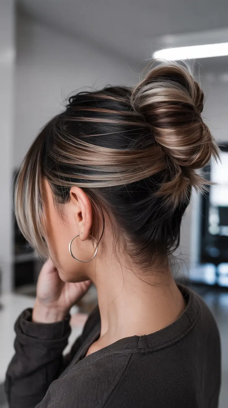 Trendy hairstyle ideas 2026 - Textured Bun With Face Framing Highlights