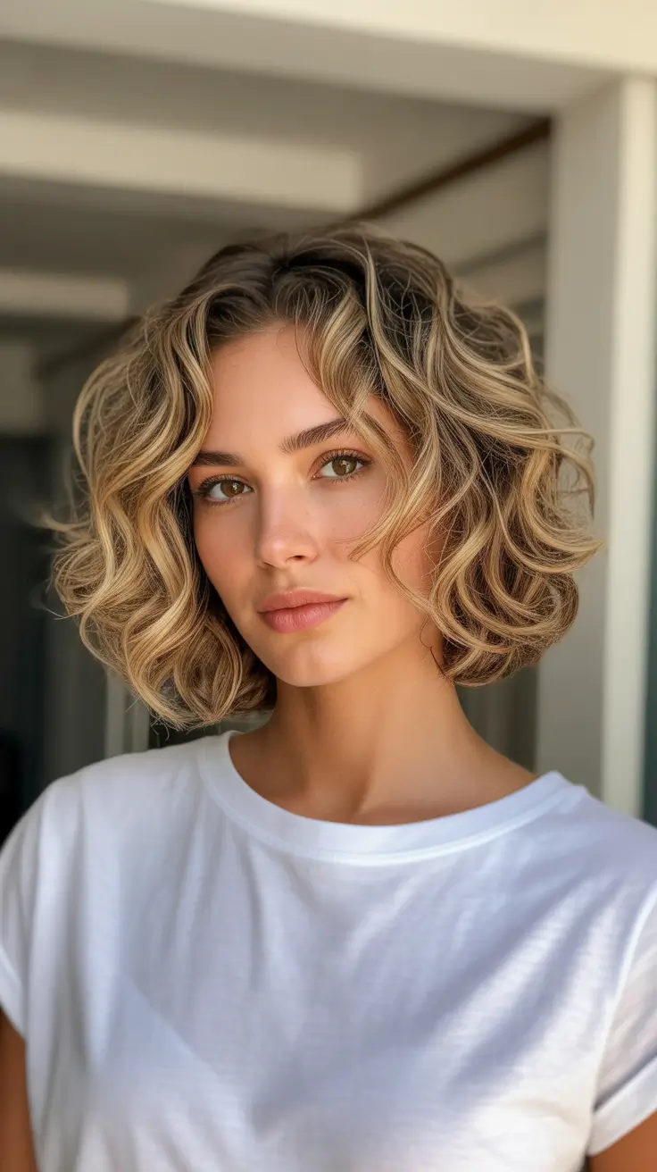 Trendy lob haircuts 2026 Bouncy Curly Lob With Golden Highlights