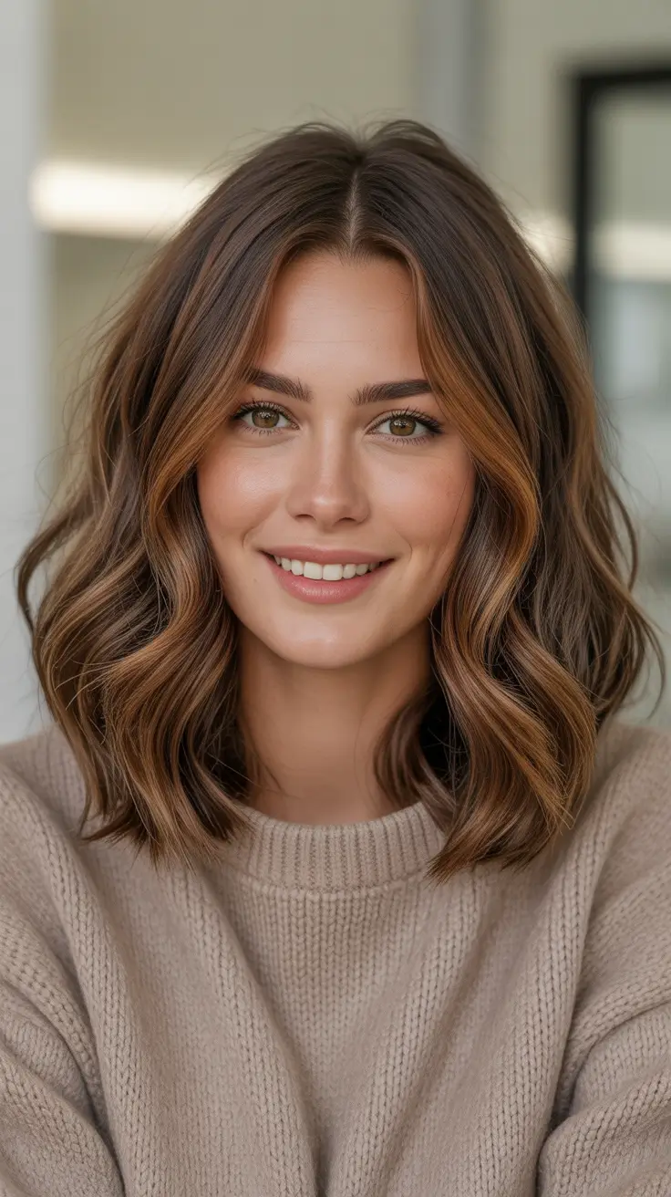 Trendy lob haircuts 2026 Dimensional Brunette Lob With Soft Waves