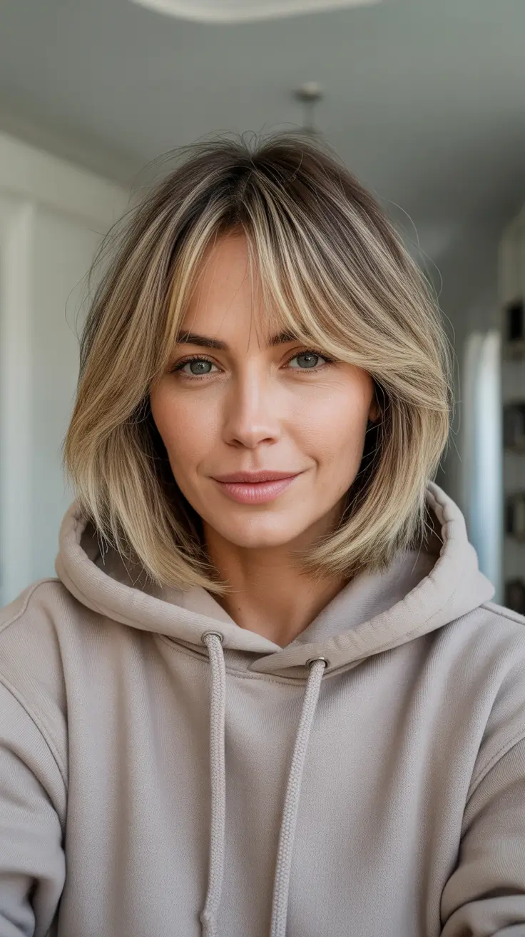 Trendy Lob Haircuts 2026 - Blonde Curtain Bangs Hoodie Lob
