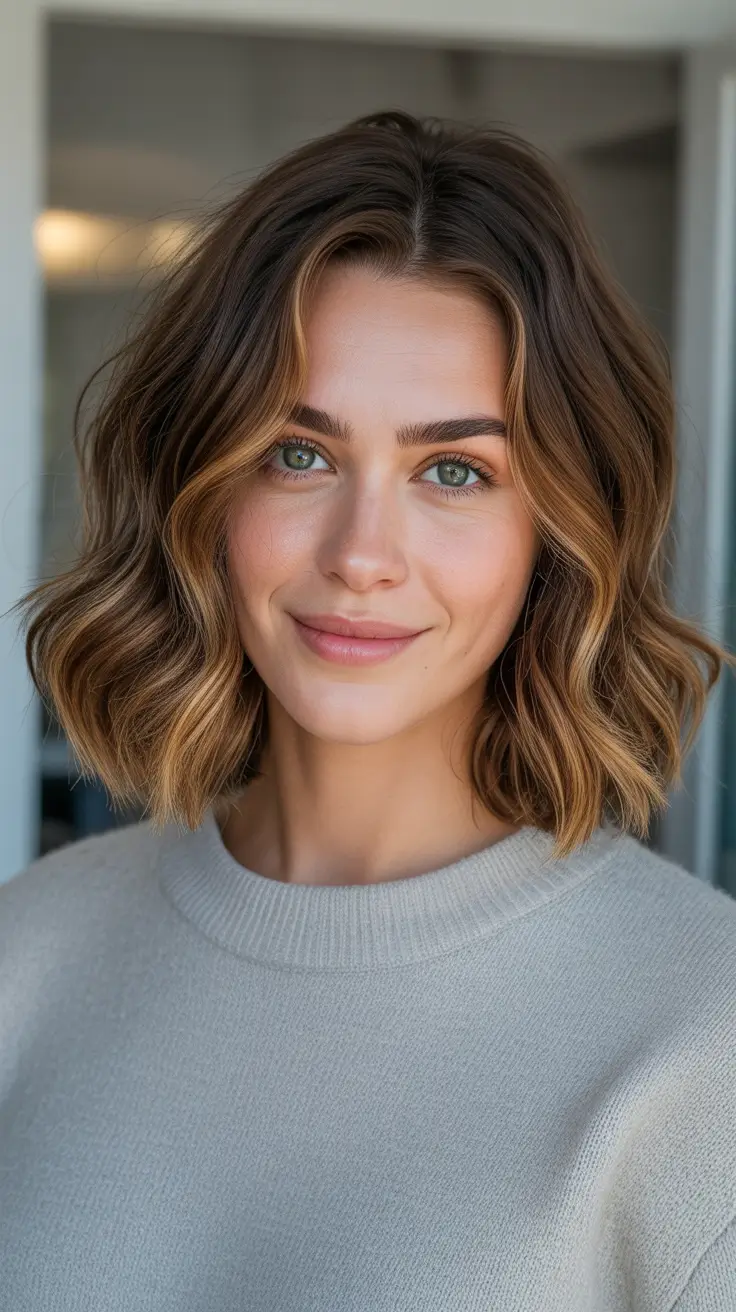 Trendy Lob Haircuts 2026 - Warm Brunette Waves With Soft Middle Part