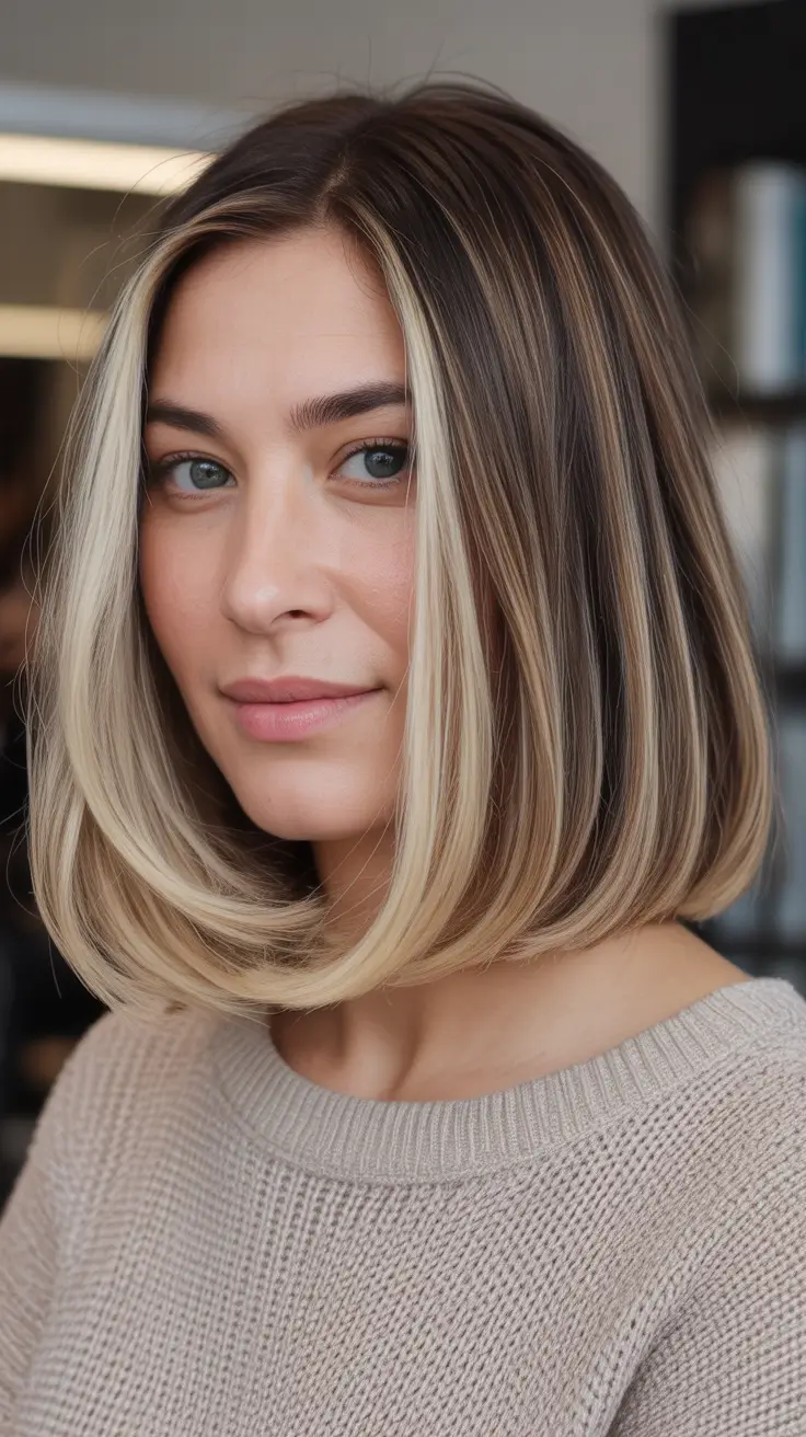 Trendy lob haircuts 2026 Money-Piece Blonde Lob On A Dark Base
