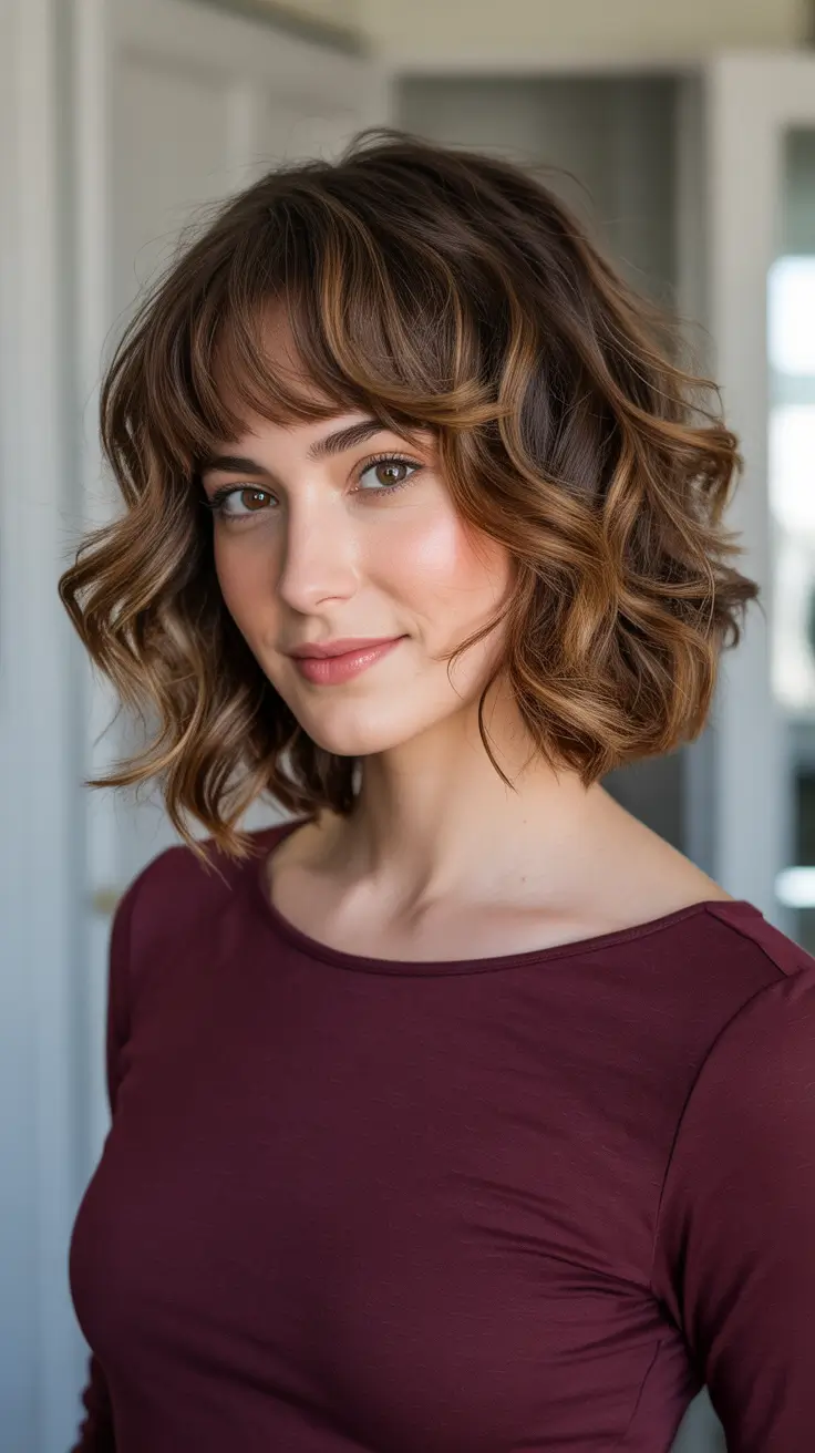 Trendy Lob Haircuts 2026 - Curly Brunette Lob With Soft Baby Bangs