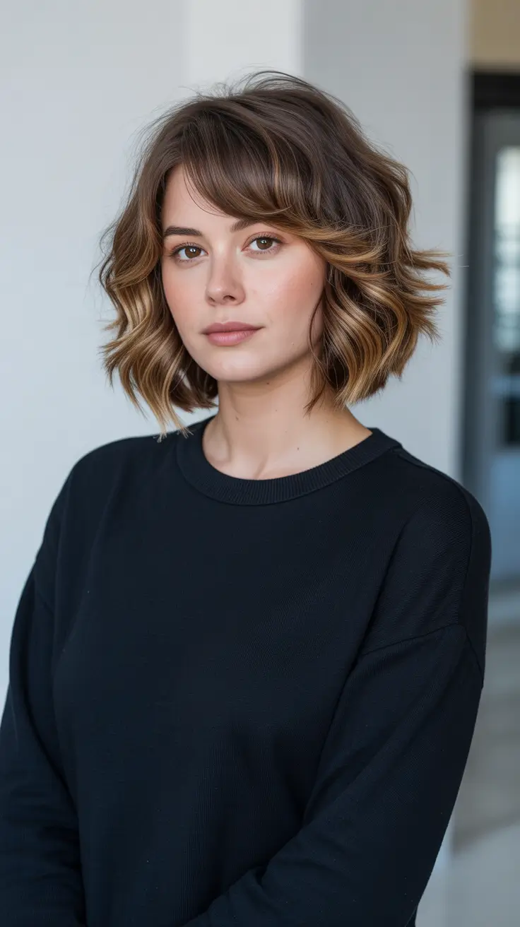 Trendy Lob Haircuts 2026 - Soft Brunette Waves With Side Swept Fringe