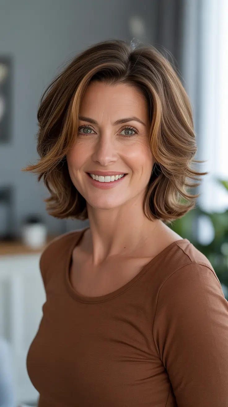 Trendy lob haircuts 2026 Warm Brunette Lob With Soft Flicked Layers