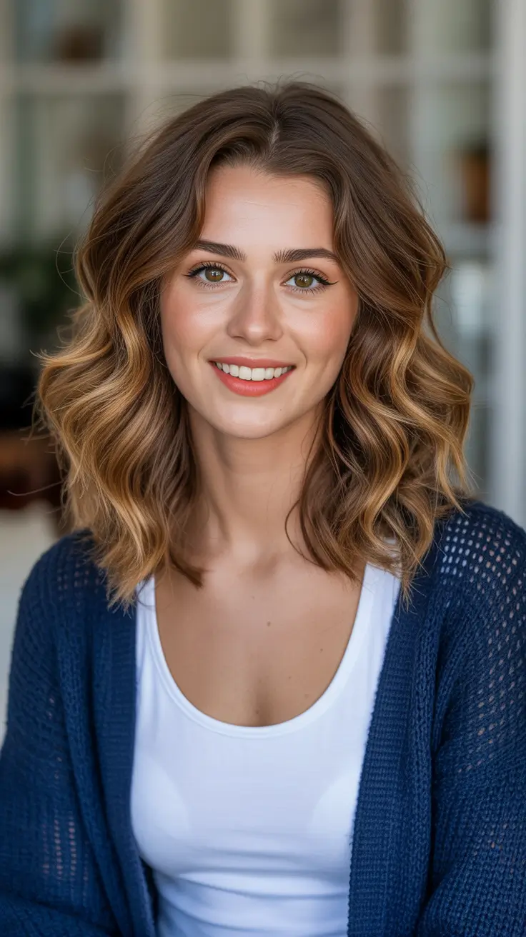 Trendy lob haircuts 2026 Soft Wavy Lob With Sunlit Ends