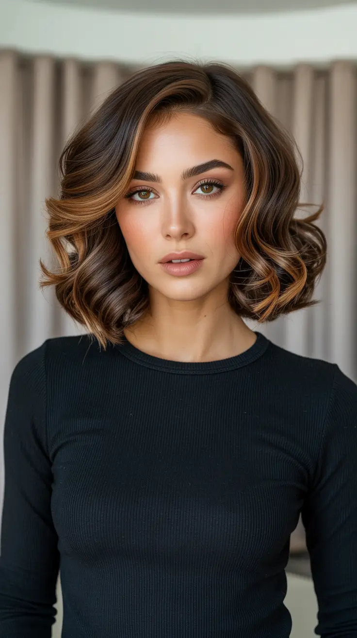 Trendy Lob Haircuts 2026 - Glossy Wavy Lob With Caramel Ribbons