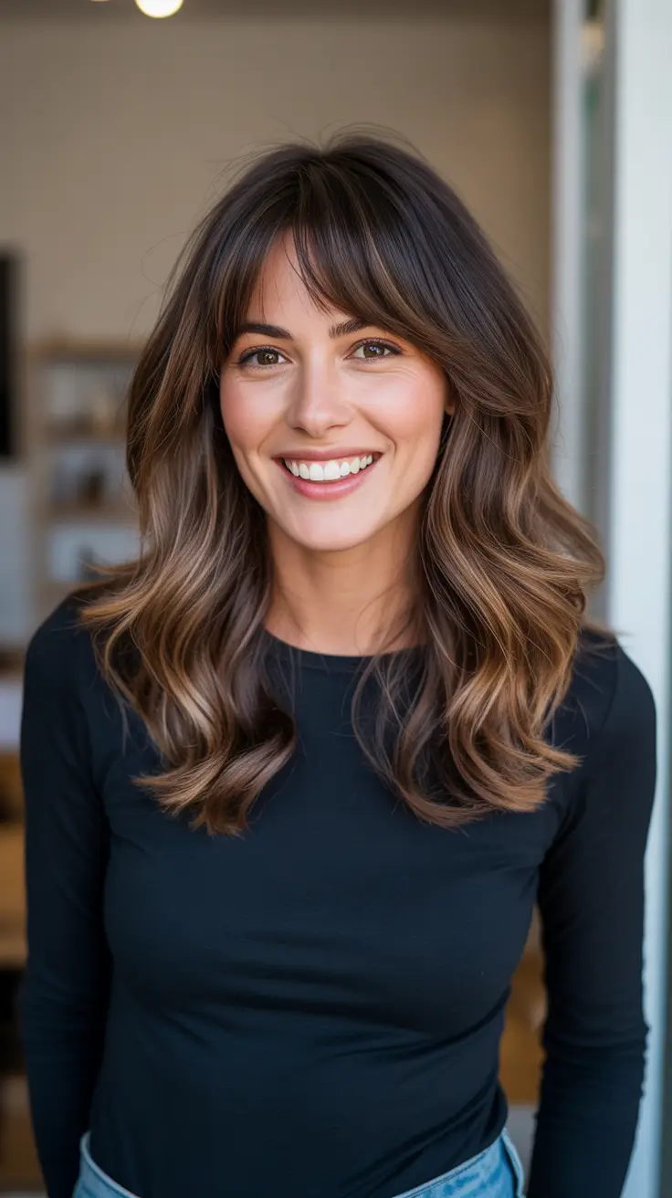 Best Mid-Length Haircuts 2026 - Balayage Waves With Easy Curtain Fringe