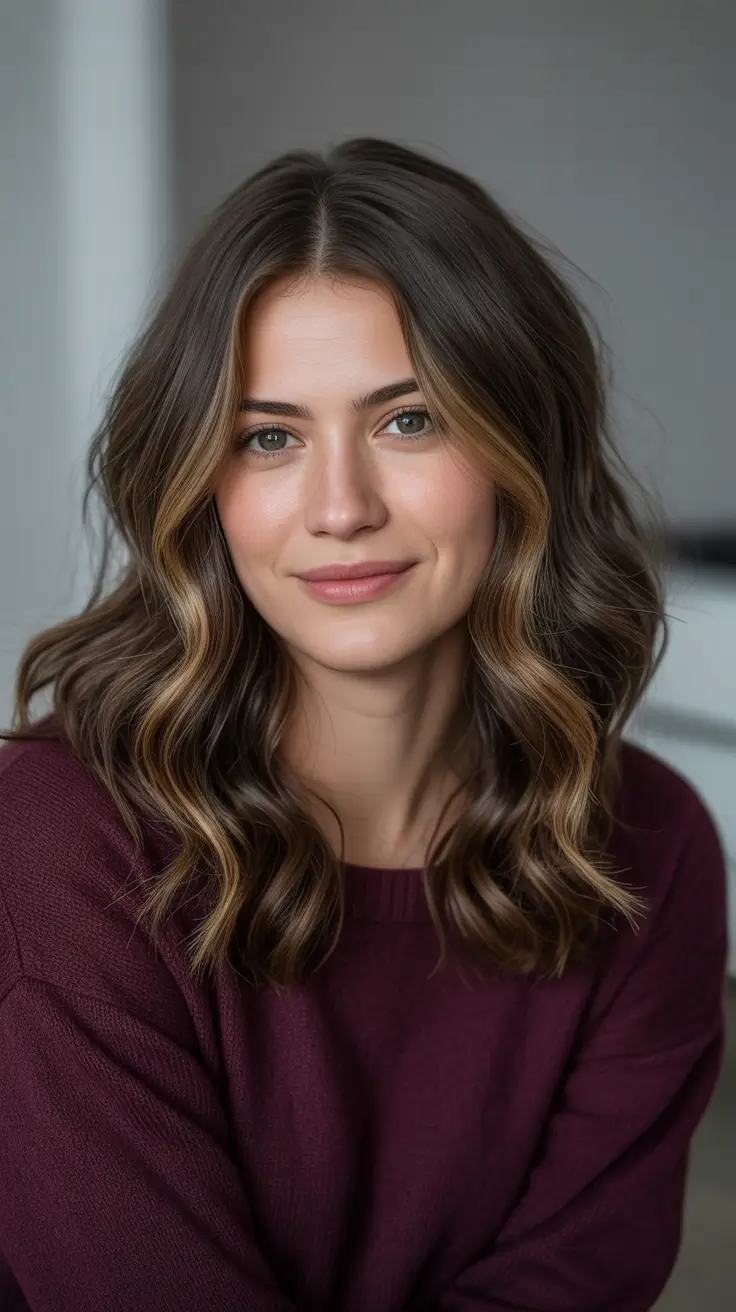 Best Mid-Length Haircuts 2026 - Caramel Face-Framing Waves On Deep Brunette