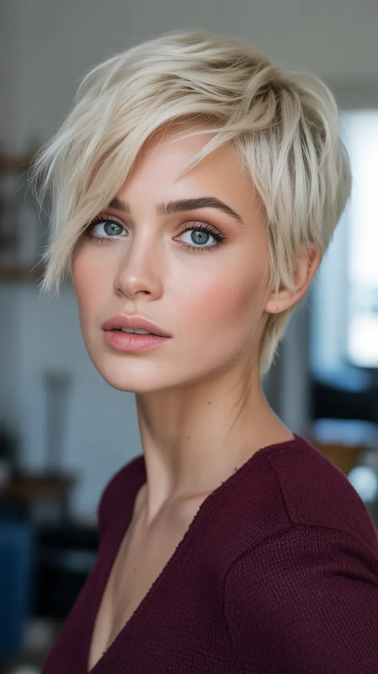 Best short haircuts for women 2026 + Layered Blonde Pixie With Side-Swept Volume