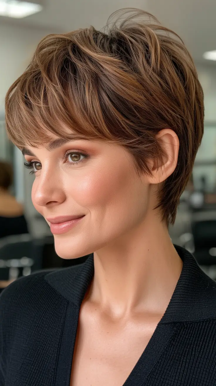 Best short haircuts for women 2026 + Soft Brunette Pixie With Feathered Fringe