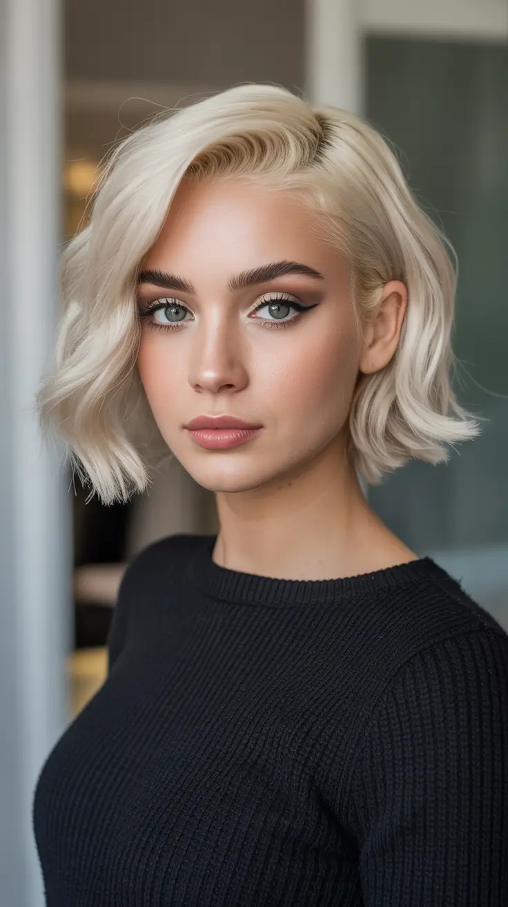 Short hairstyle ideas 2026 Soft Platinum Wavy Bob With Side Sweep