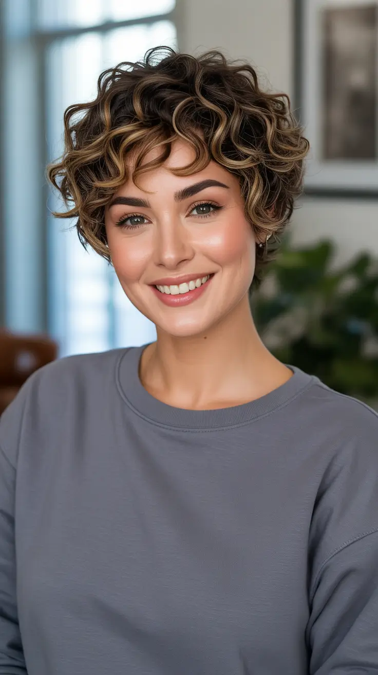 Short Hairstyle Ideas 2026 - Playful Highlighted Curly Pixie