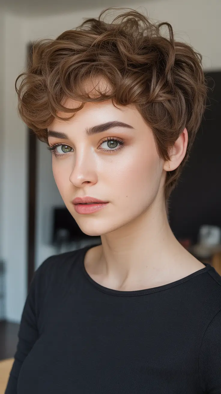 Short hairstyle ideas 2026 Curly Pixie Crop With Tousled Fringe